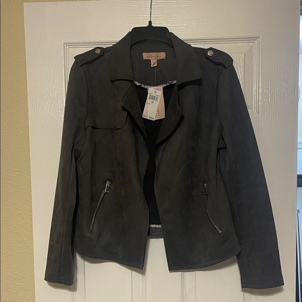 Philosophy Dark Gray Faux Suede Leather Moto Jacket, Carbon Sky